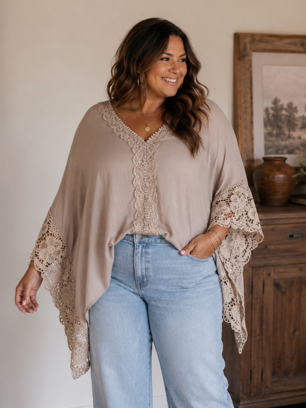 183.) Kye Mi  / Lace-Trim / V-Neck  / Poncho Style Top